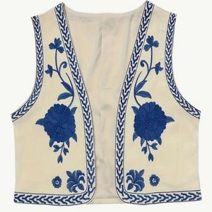 Floral Print Open Front Vest - Blue & White